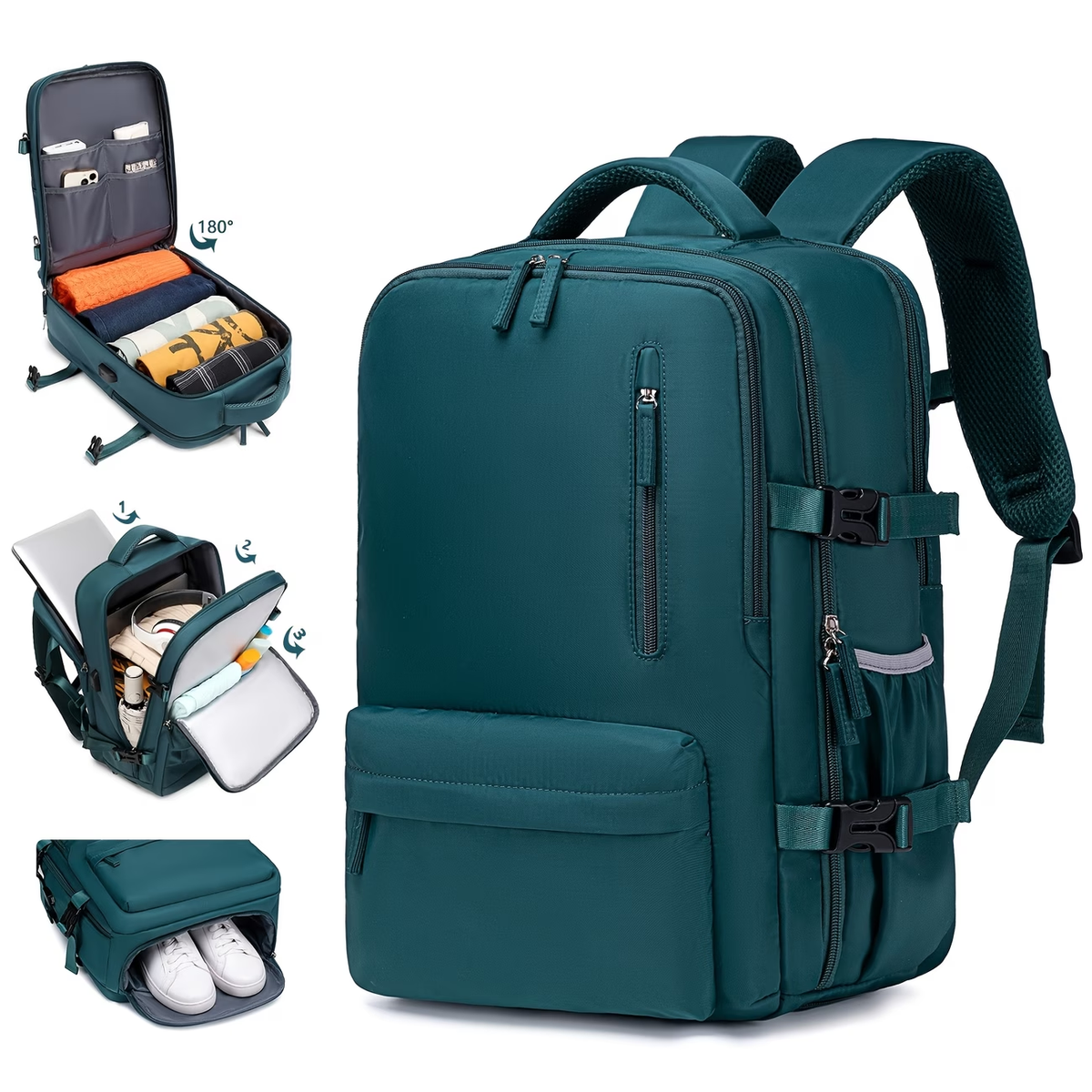 Airline-Approved Large Capacity Travel Backpack with 16" Laptop Compartment, Shoe Pocket & Multi-Pocket Organizer - Durable 180° Open Top, USB Charging, 360° Spinner Wheels for Business, Gym, School, Travel Backpack