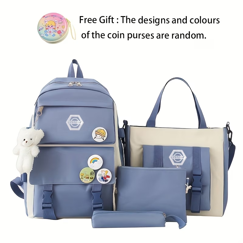 4pcs/Set Easy Leisure Backpack Large Capacity Schoolbag Travel Bag Canvas Shoulder Bag, for Teenager, For Teenager