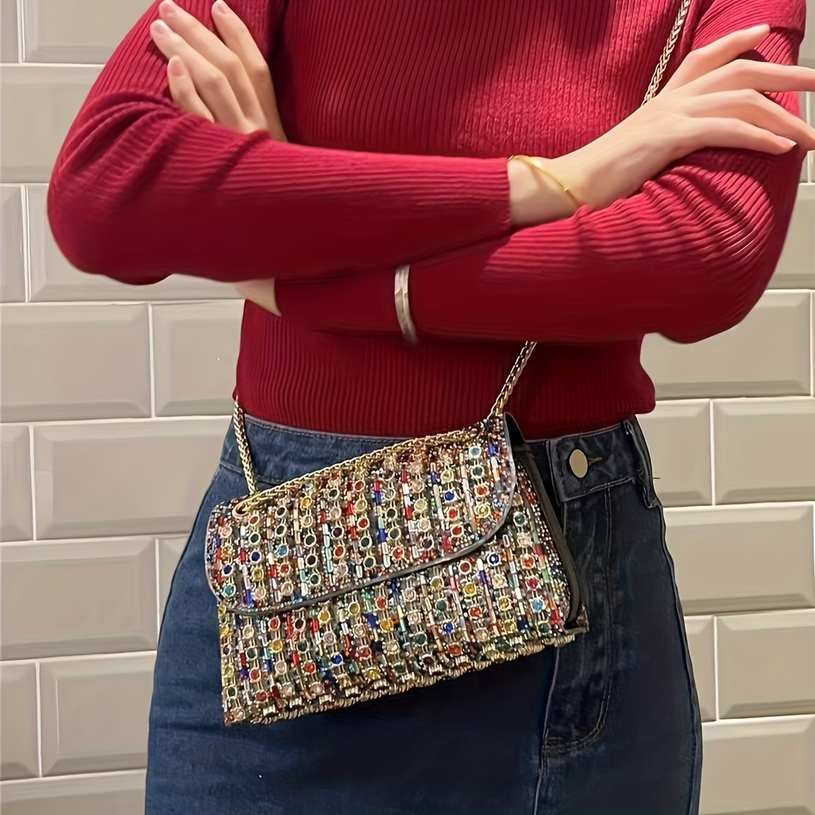 Rhinestone Clutch Bag Women'S Evening Bag, Sparkling Handheld Party Wallet, Texture, Full Diamond Heavy Decoration, Large Capacity, Golden Chain Shoulder Strap, Suitable For Dinner, Party, Formal Events, Halloween Gifts, Christmas Gifts