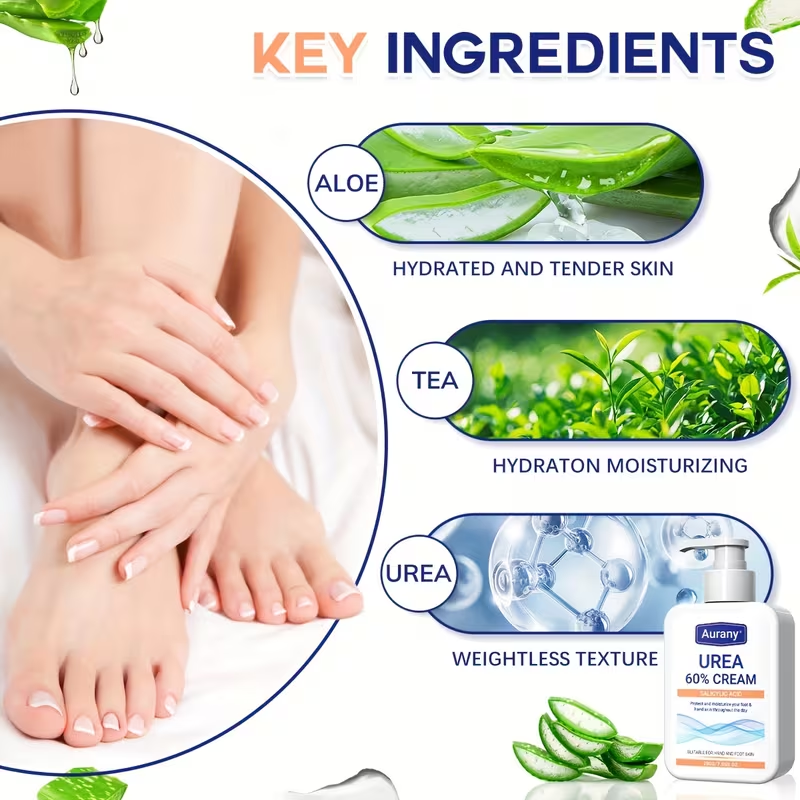 Of Cream with 60% Urea, Designed for Hands And Feet, Enriched with Salicylic Acid, Aloe Vera, Jojoba, And Tea Tree, Providing Long-Lasting Hydration for Dry Skin on Hands, Feet, And Elbows Throughout The Day
