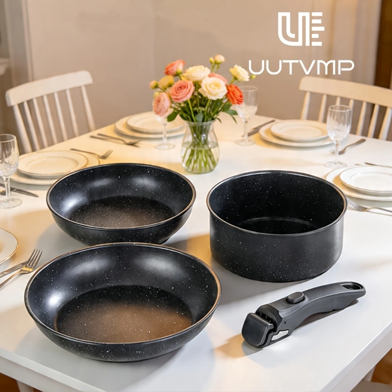 Non-stick cookware set (3 pieces): 2 frying pans + 1 saucepan + 1 cookware set with detachable handle.