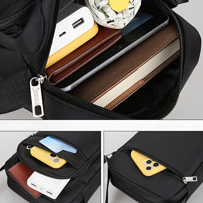 Men'S Classic Black Oxford Crossbody Bag - Large Capacity Casual Daypack with 6 Adjustable Zippers, Multiple Compartments & Safety Pocket, Durable Sling Bag for Travel, Commuting, Everyday Use, Secure Zipper Closure