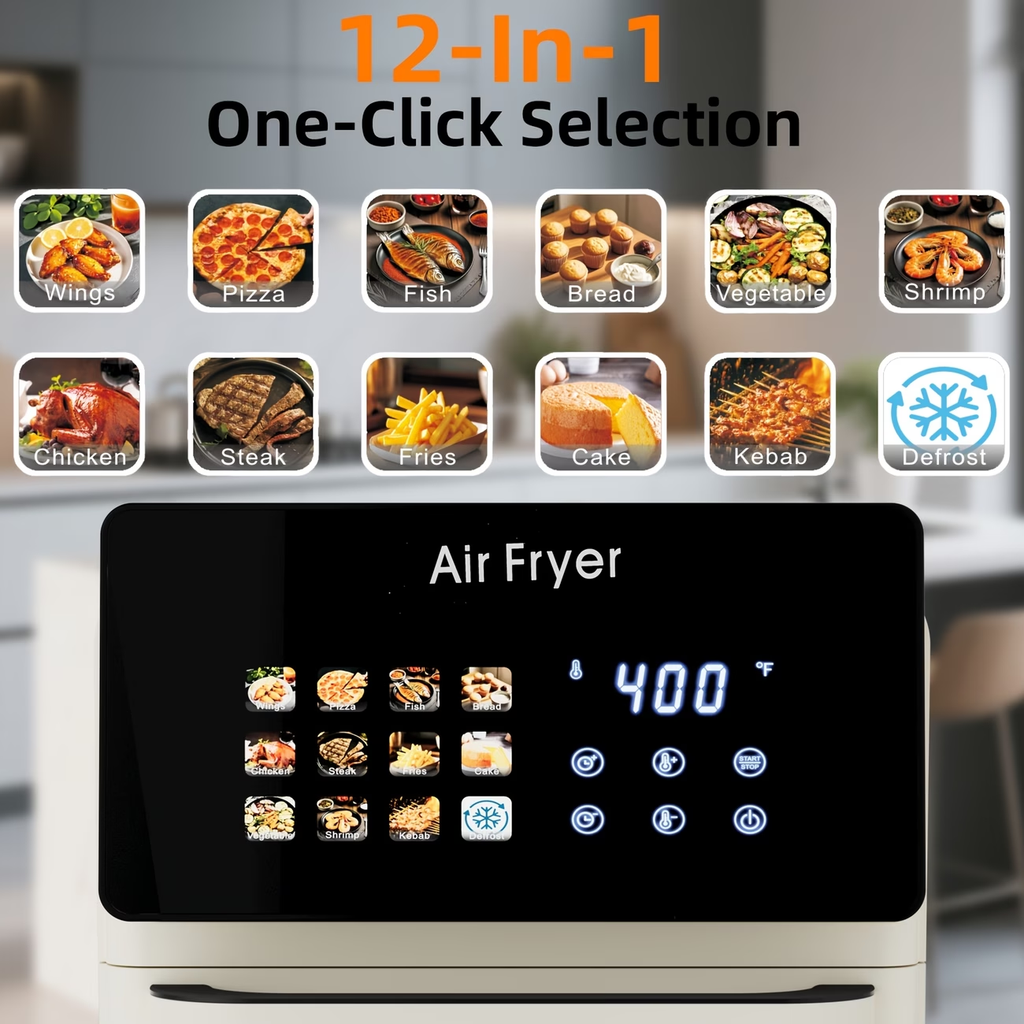 2.64gal Large Pro Air Fryer Oven with Grill Combo for Kitchen Use, 12-In-1 Smart Convection Ovens, Air Fryer with Glass Viewing Window, Nonstick Basket, Fryer Liners, Removable Door - White