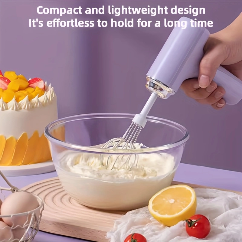 Electric handheld mini mixer with 2 detachable beaters and 3 speed modes.