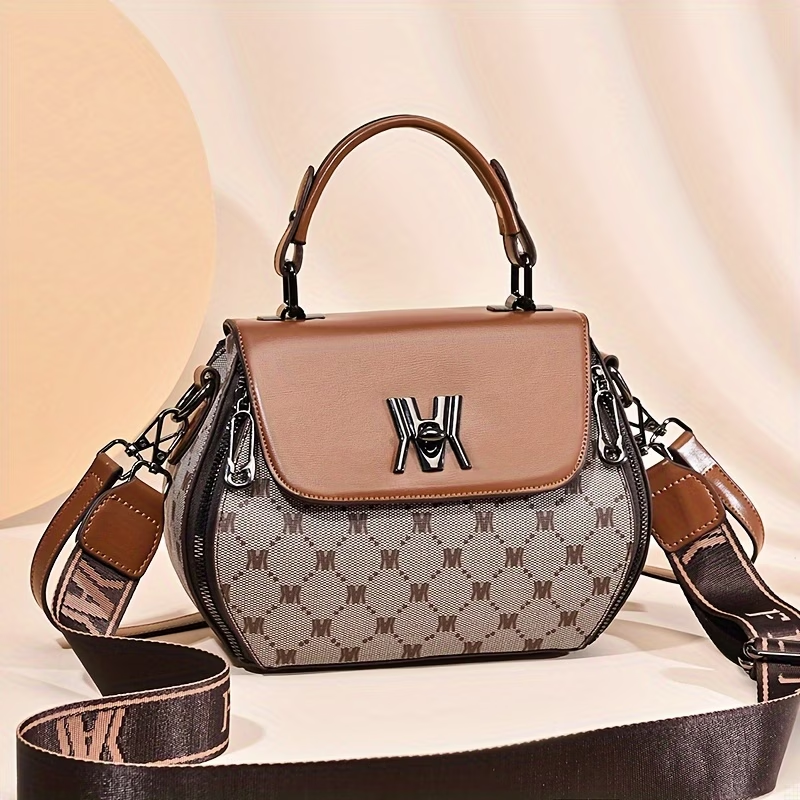 Vintage Letter Print Satchel Bag, Classic Colorblock Shoulder Handbag, Synthetic with Feature, Adjustable Strap, Zipper Closure, Polyester Lining, Paint Detail, Occasion-Ready