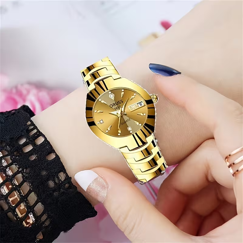 Women's Watch Luxury Rhinestone Quartz Watch Golden Fashion Analog Calendar Wrist Watch Date Watch