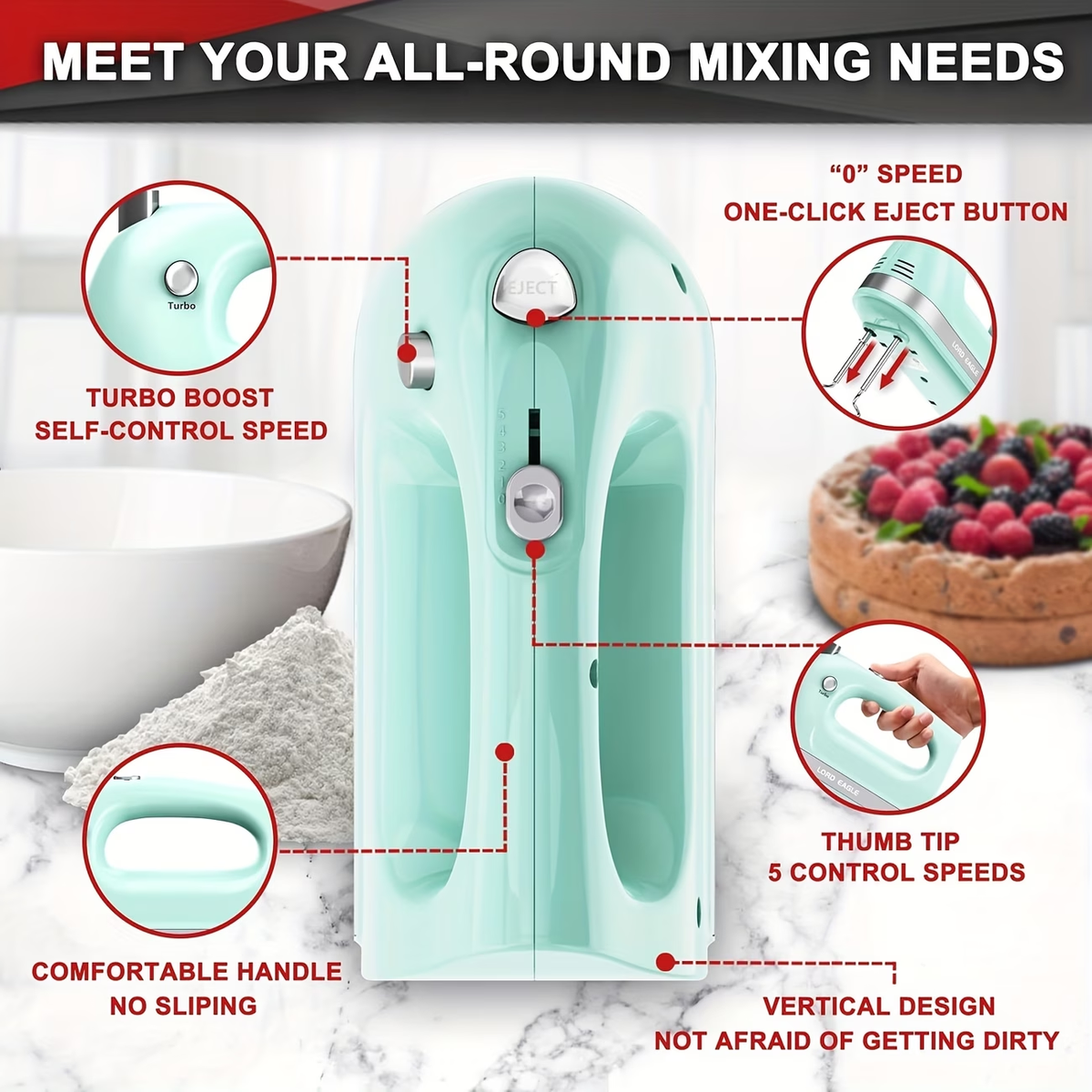 Electric Hand Mixer Complete Set with Attachment Storage Case, Includes 5 Stainless Steel Accessories, Turbo Boost & 5-Speed Settings for All Baking Needs