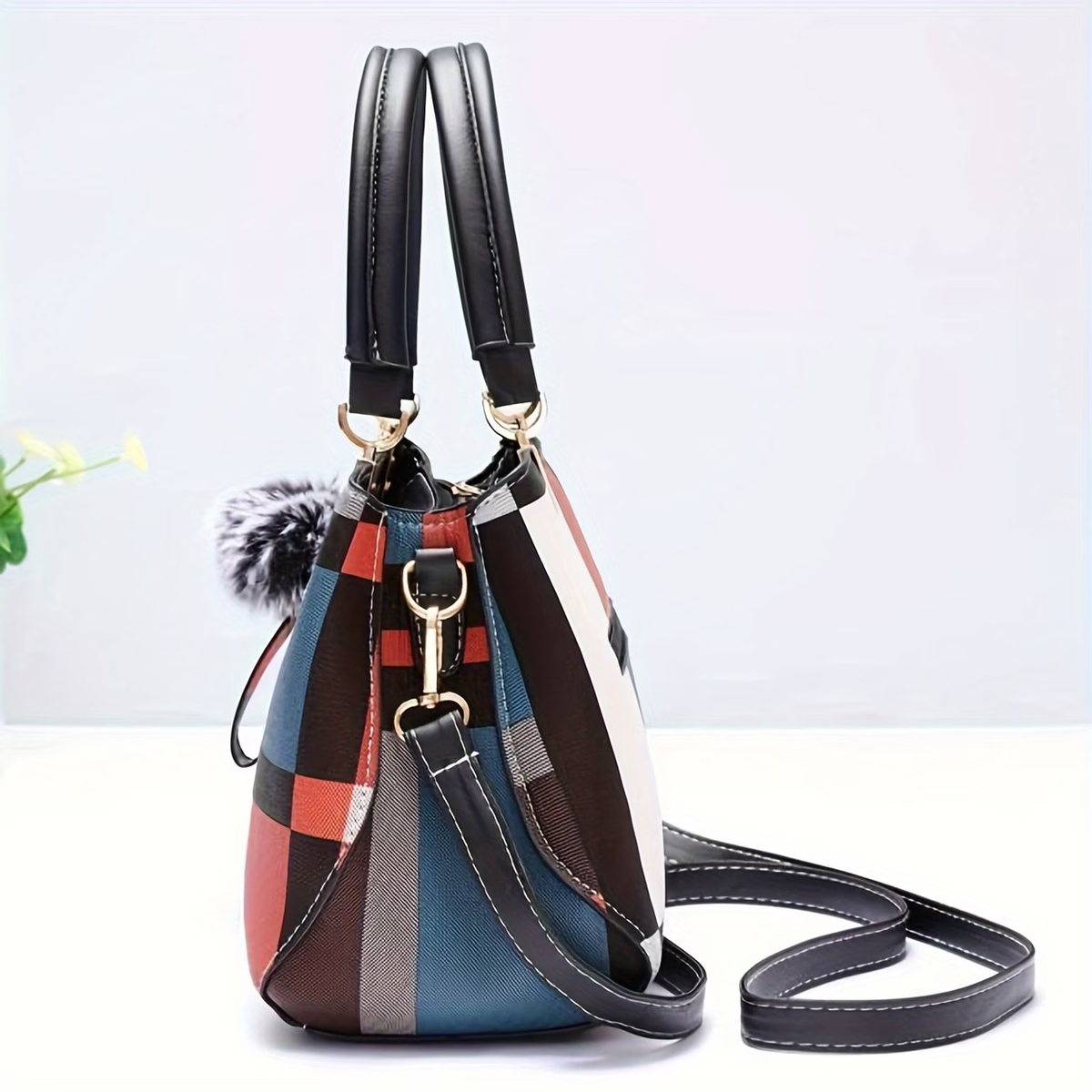 Plaid Decorated Wo 's Fashion Small Handbag with Ball Decoration Multi-Layer Mini Handbag Suitable for Date Party Student White Collar