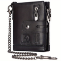 Men's Wallet With Chain - Genuine Leather Short Wallet RFID Blocking Card Holder Double Zipper Coin Pocket Anti-Theft Wallet - For Men - Suitable for Everyday Use - Ideal Gift for Father's Day, Birthday