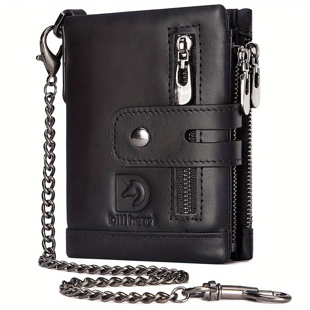 Men's Wallet With Chain - Genuine Leather Short Wallet RFID Blocking Card Holder Double Zipper Coin Pocket Anti-Theft Wallet - For Men - Suitable for Everyday Use - Ideal Gift for Father's Day, Birthday