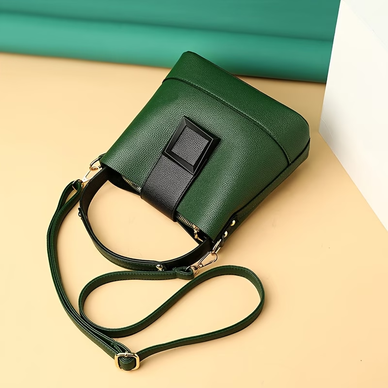 Elegant Solid Bucket Bag with Adjustable Shoulder Strap - Ladies' Multi-Functional Body And Handbag, Lightweight with Zipper Closure