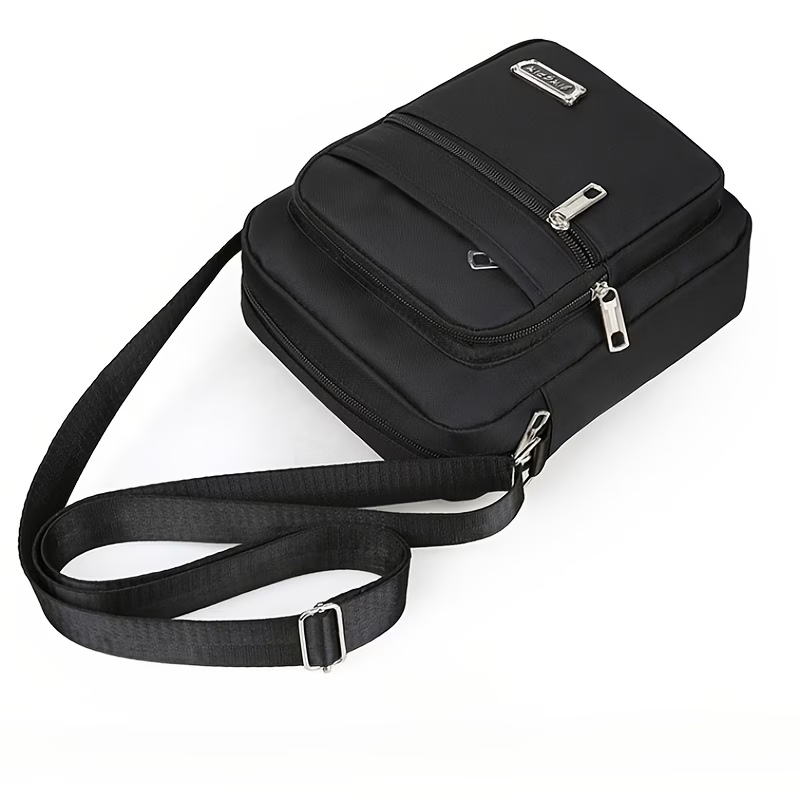 Men'S Classic Black Oxford Crossbody Bag - Large Capacity Casual Daypack with 6 Adjustable Zippers, Multiple Compartments & Safety Pocket, Durable Sling Bag for Travel, Commuting, Everyday Use, Secure Zipper Closure