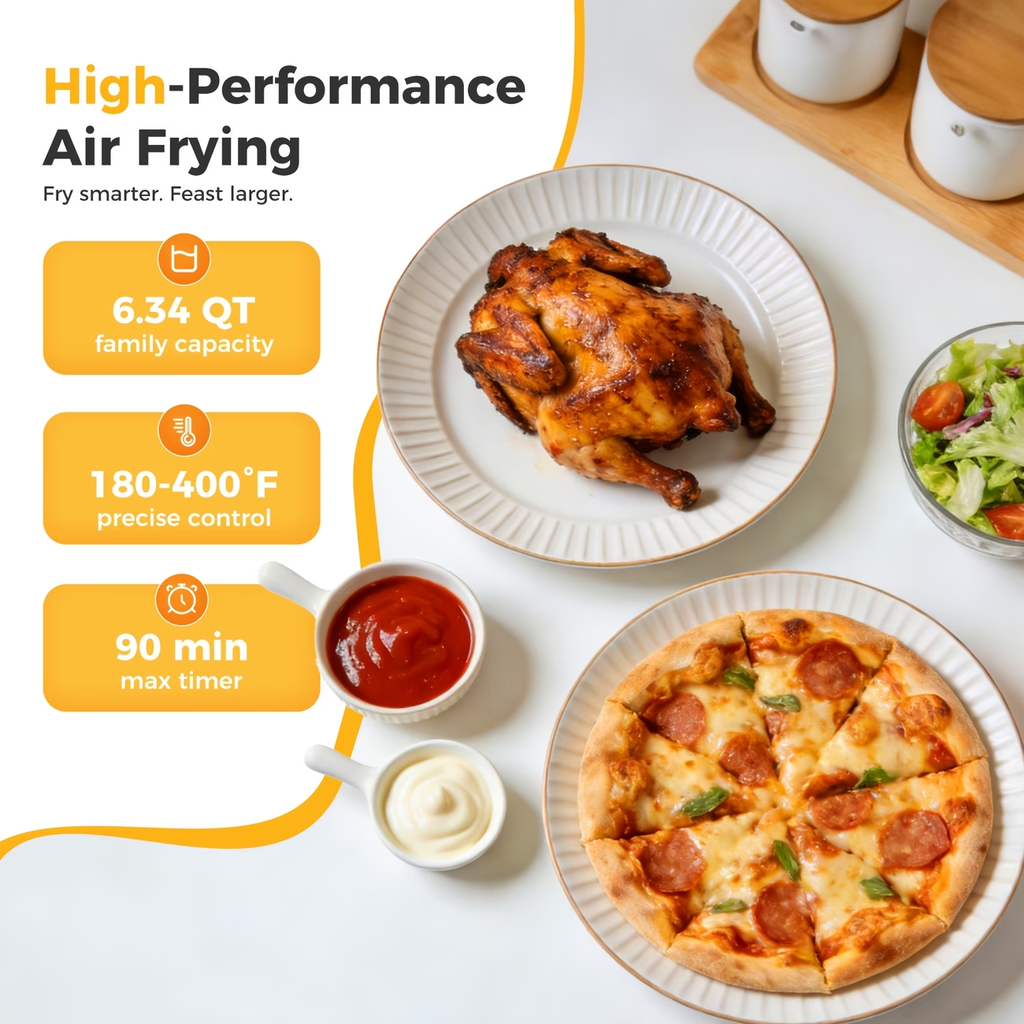 6.34QT Multi-Function Air Fryer with Ceramic Coating Suitable for Roast, Bake, Broil, Dehydrate, Reheat & Keep Warm, Digital Temperature (90°F-450°F), Easy-Clean Cooker for, -Type Plug ( Plug)