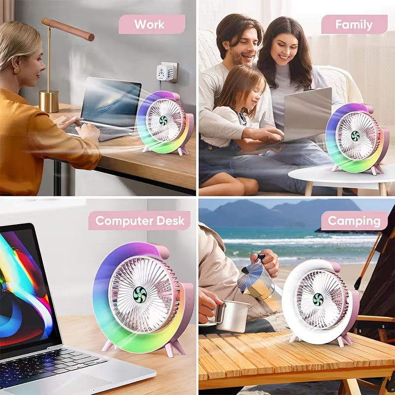 USB Desktop Fan with LED Light, Multifunctional Small Fan, Silent And Portable, 3-Speed Regulation, Rechargeable, Long Battery Life, Home Office Bedside Radiator, Creative Design, Summer Cool Gift