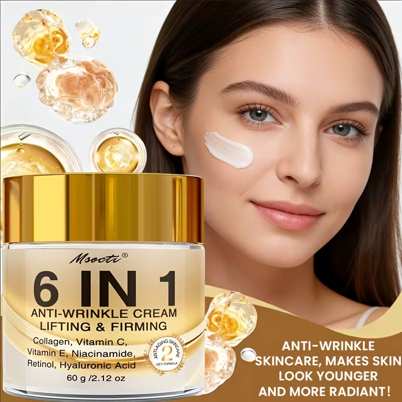 6-in-1 Instant Firming and Lifting Cream Deeply Moisturizes, Smoothes Dry Skin, Enhances Radiance and Elasticity, Skincare, Makes Skin Look Younger, Contains Retinol, Hyaluronic Acid, Niacinamide, Vitamin CE, Collagen, 60g, Non-greasy