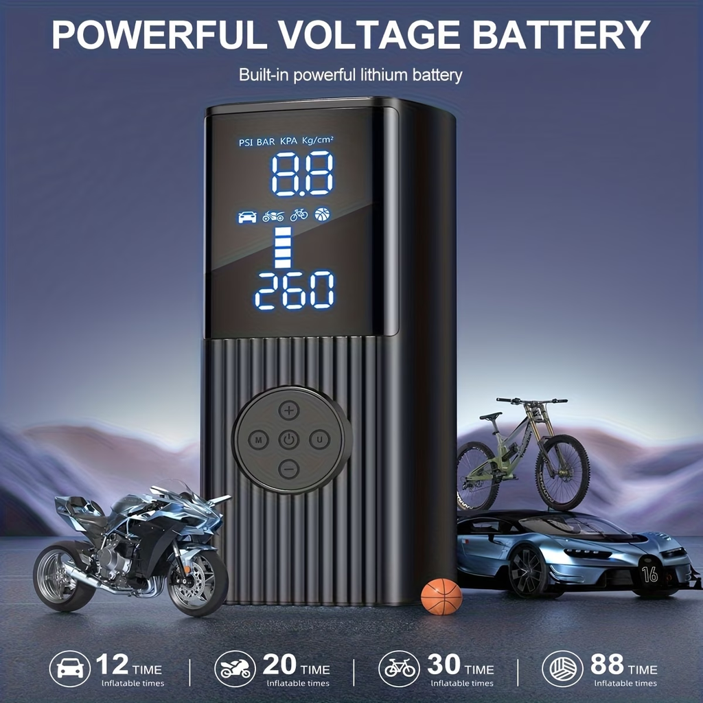 Portable Tire Inflator with Digital Pressure Gauge | 180 PSI, Rechargeable Battery, LED Light, Cordless, Suitable for Cars, Motorcycles, Bicycles, and Balls