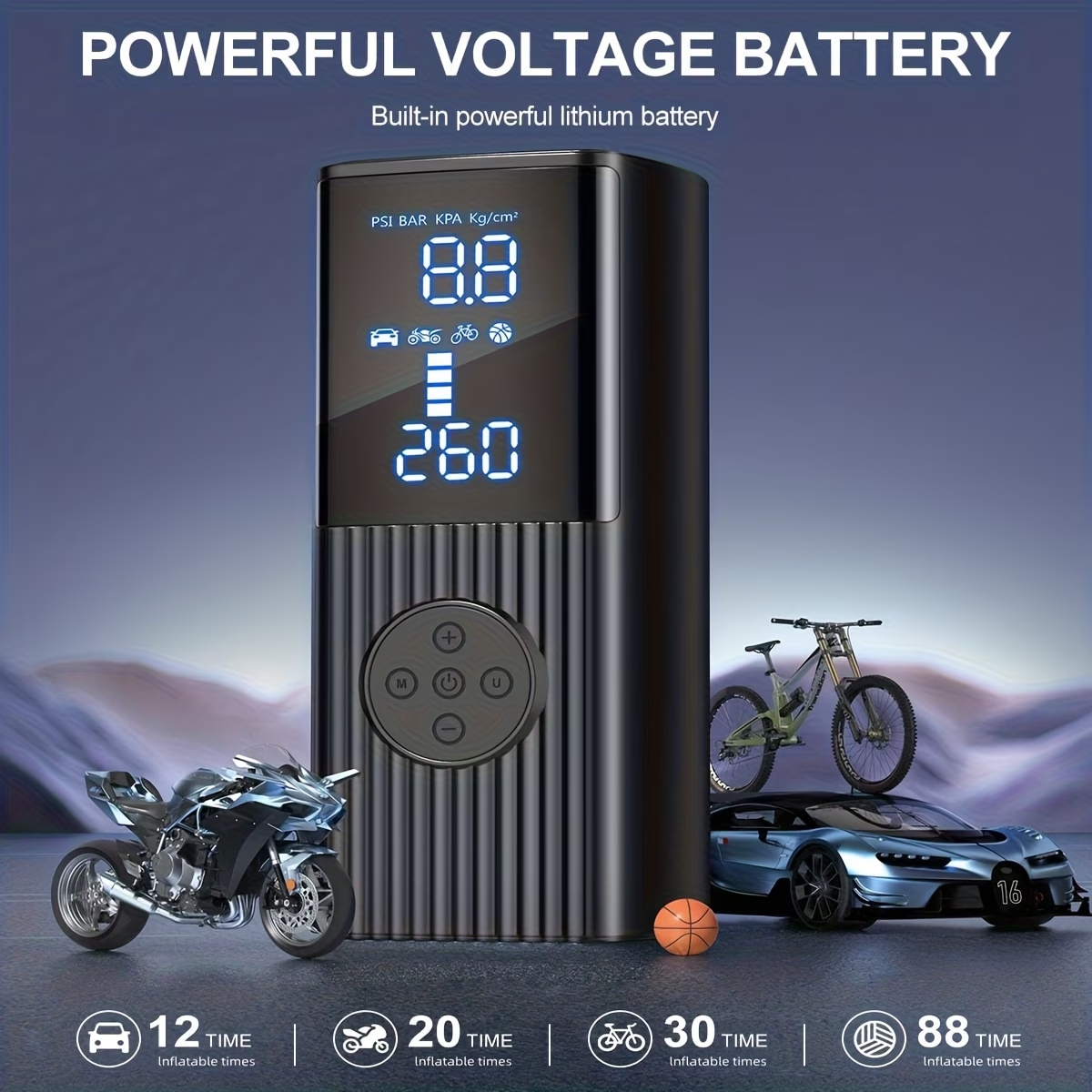 Portable Tire Inflator with Digital Pressure Gauge | 180 PSI, Rechargeable Battery, LED Light, Cordless, Suitable for Cars, Motorcycles, Bicycles, and Balls
