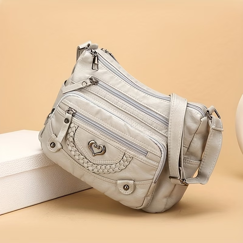 Multi-Pocket Hot Selling Vintage Crossbody Bag - Adjustable Shoulder Strap & Multi-Pocket Design, Large Capacity Heart Decoration Casual Monochrome Tote, Fashionable Trendy Choice, Suitable for Daily Use