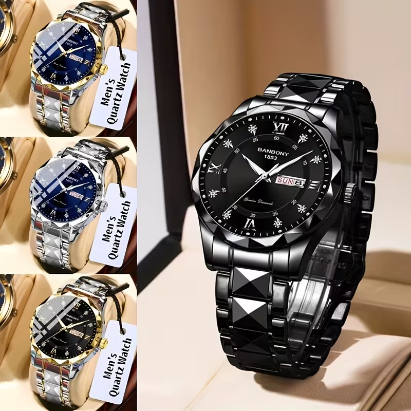 1 New Stainless Steel Men'S Quartz Watch with Roman Numerals, Rhinestone Dial, Date Calendar, Trendy Minimalist Luxury Brand, Luminous Sports Casual Business Multi-Functional Watch - Ideal Birthday Gift and Holiday Present, Elegant Watch For Men