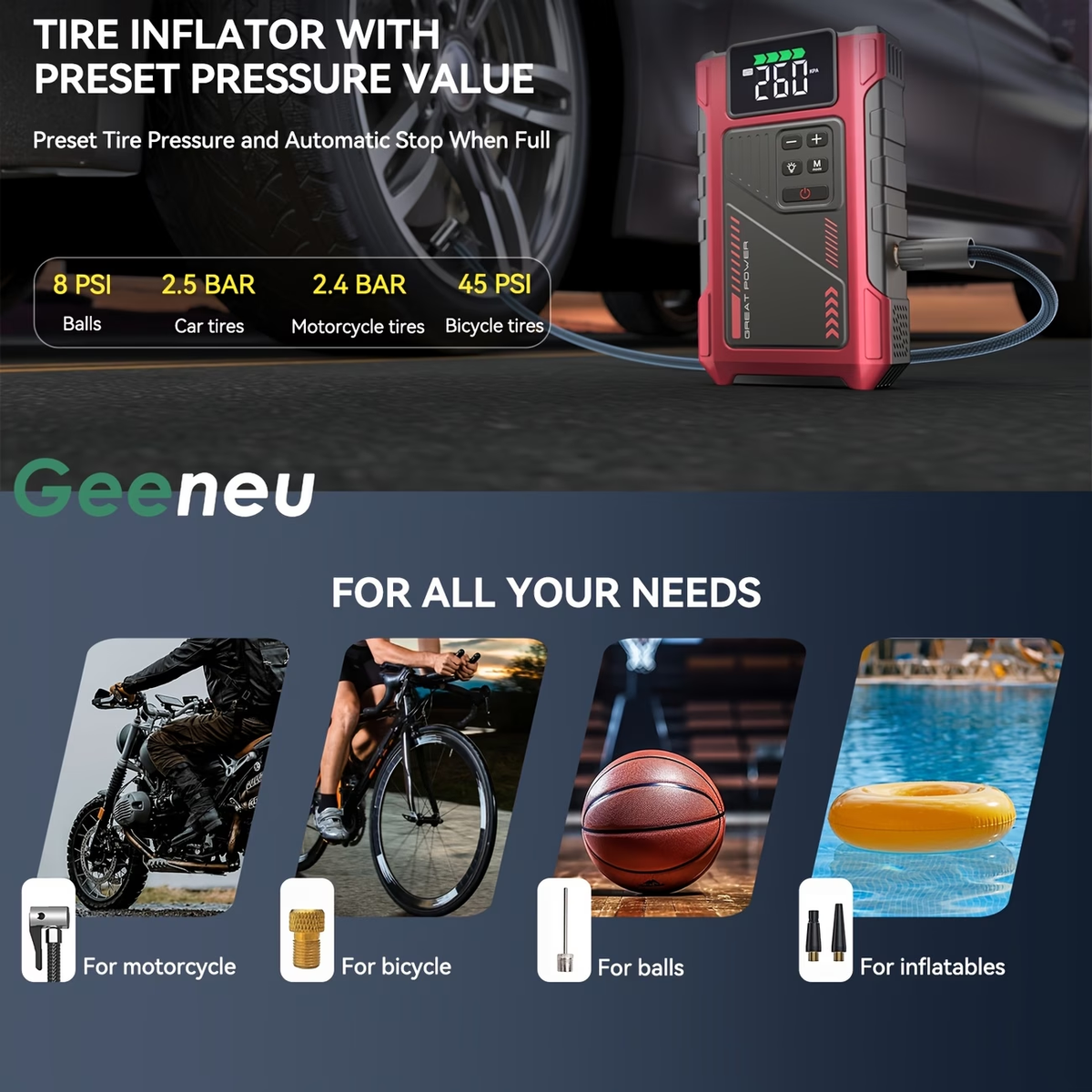 9-in-1 Portable Jump Starter with Air Compressor, Battery Jump Starter Portable Peak, Car Battery Charger Portable For12V(8.0LGas/1.72gal Diesel) Start The Car Quickly, USB Input/output, LED Emergency, Car Accessories Tools, Wireless Car Air