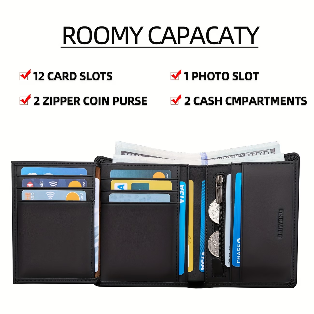 Genuine Leather Three-Fold Wallet for Men, 13 Card Slots with Anti-Theft Feature