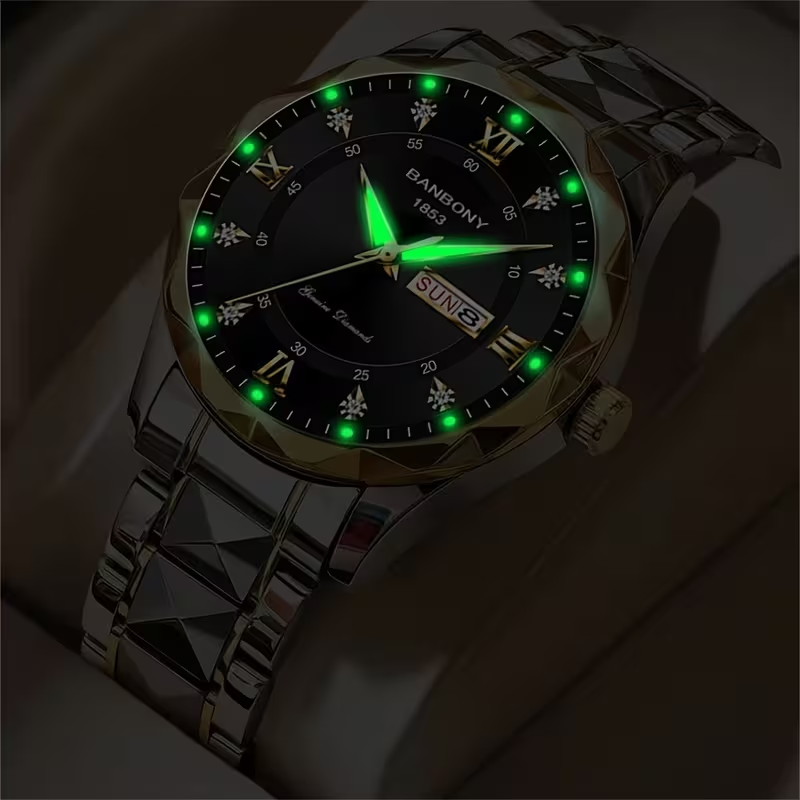 1 New Stainless Steel Men'S Quartz Watch with Roman Numerals, Rhinestone Dial, Date Calendar, Trendy Minimalist Luxury Brand, Luminous Sports Casual Business Multi-Functional Watch - Ideal Birthday Gift and Holiday Present, Elegant Watch For Men