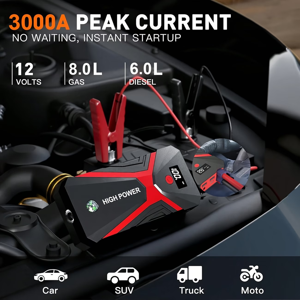 5-in-1/9IN1 Portable Car Battery Jump Starter With Tire Inflator 12V Fast Start, Battery Boost, USB I/O, LED Emergency Light, Reliable Power, Roadside/Vehicle Emergency Tools 3000A Portable Wireless Car Jump Starter Battery Jump Starter Portable Pea