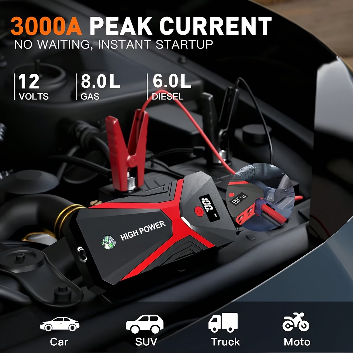 5-in-1/9IN1 Portable Car Battery Jump Starter With Tire Inflator 12V Fast Start, Battery Boost, USB I/O, LED Emergency Light, Reliable Power, Roadside/Vehicle Emergency Tools 3000A Portable Wireless Car Jump Starter Battery Jump Starter Portable Pea