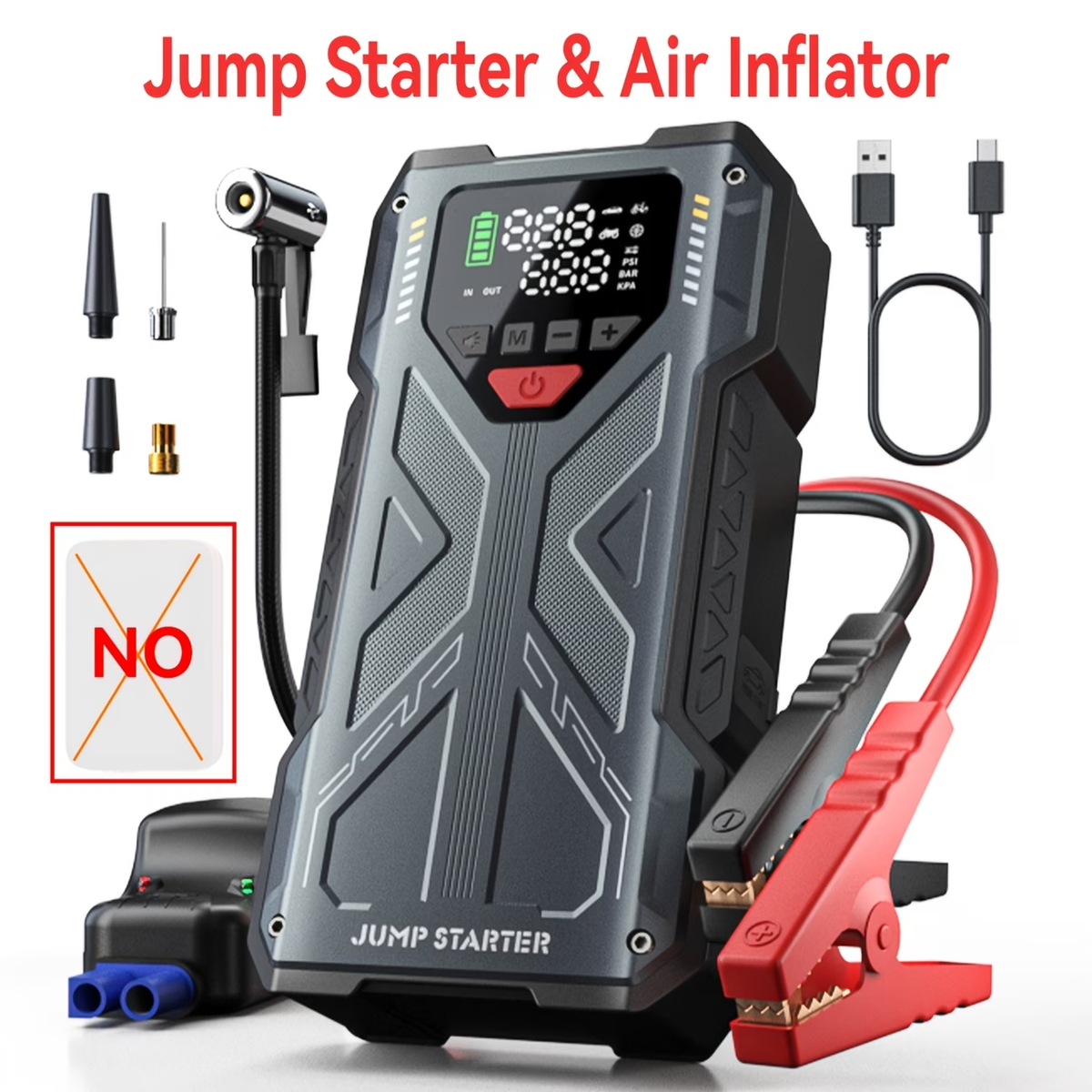 9-in-1 Portable Jump Starter with Air Compressor, Battery Jump Starter Portable Peak, Car Battery Charger Portable For12V(8.0LGas/1.72gal Diesel) Start The Car Quickly, USB Input/output, LED Emergency, Car Accessories Tools, Wireless Car Air