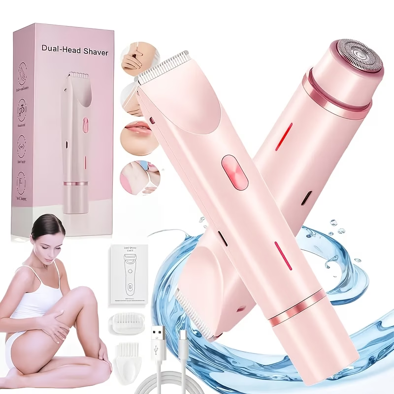 2-in-1 Pink Dual Head Bikini Trimmer For Women Electric Shaver For Wet & Dry Use Body Hair Remover For Bikini Underarms Legs Arms Face Long Battery Life USB Rechargeable Hypoallergenic Blades Facial Hair Removal Ergonomic Grip Adjustable