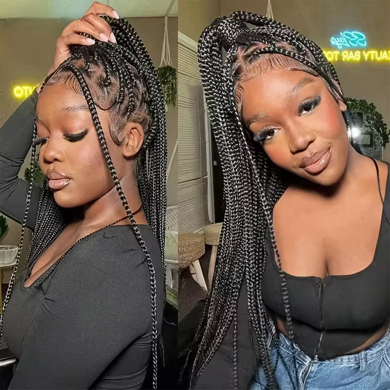 34 Inch Synthetic Full Lace Braided Wig for Women - Double Lace Front Knotless Braids with Thin Hair, Density Straight Hair, Brown Square Knotless Wig for Daily Part Use, Stylish Hair Accessory, Elegant Hairstyle, Secure Fit Wig