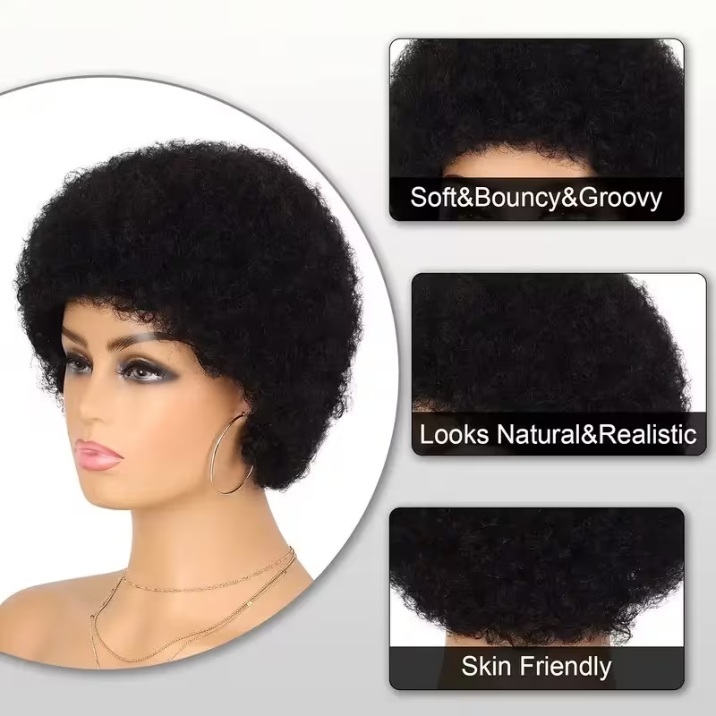 Short Afro Kinky Curly Wigs for Women Human Hair Curly Pixie Cut Wig Natural Black Color Glueless Short Afro Kinky Wig Brazilian Virgin Human Hair African Style Daily Party Wear Wigs