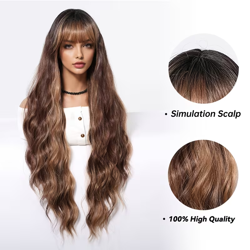 [Brown Curly Daily Wear Wig] Elegant 32" Brown Curly Wig with Bangs for Women - Soft, Heat-Resistant Synthetic Hair, Perfect for Daily Wear & Special Occasions