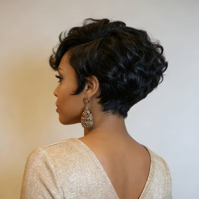 Natural Looking Remy Human Hair Wig for Women - Curly Wave Pixie Cut with 13*4*1 Lace Front, 150% Density Loose Curly Wavy Hairstyle, Natural Black Hair for Parties, Holidays & Special Occasions - Full Volume & Lift