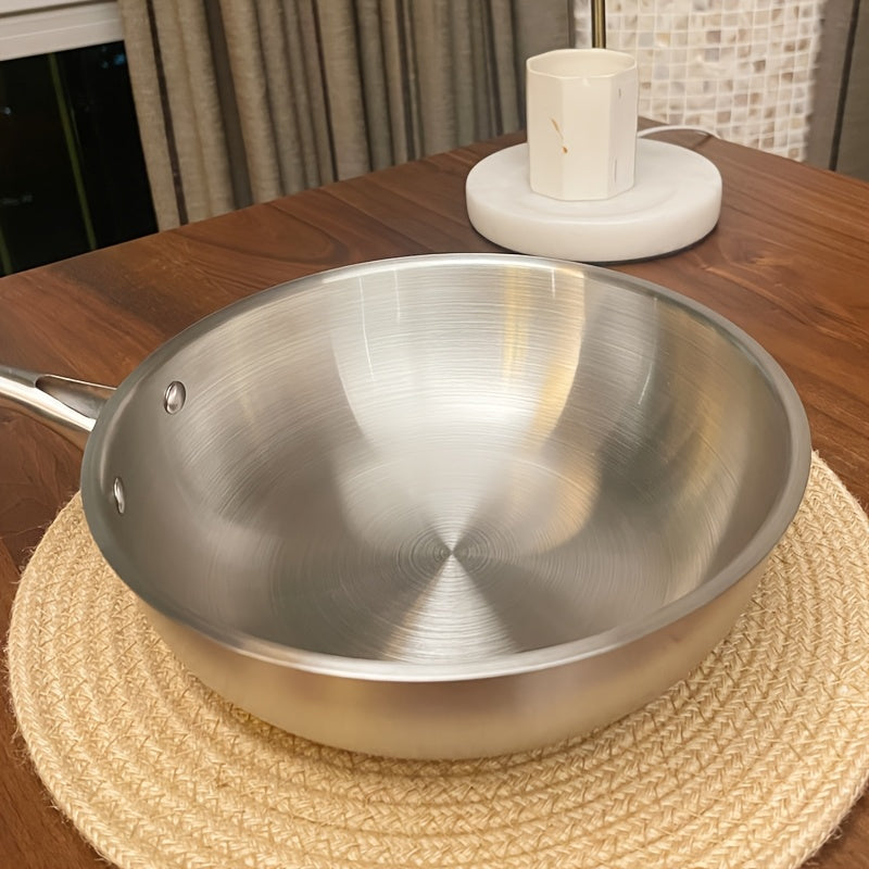 Uncoated stainless steel single handle frying pan, 11.02 inch flat bottomed healthy non chemical coating, evenly heated, universal for induction cookers and gas stoves, suitable for frying eggs, steaks, and dumplings
