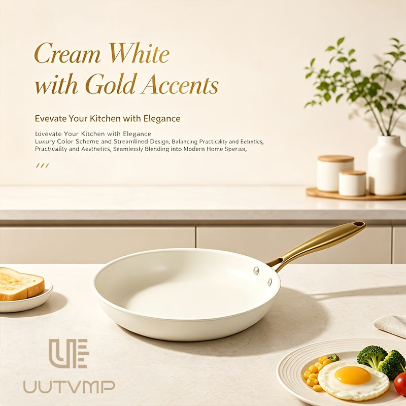 High appearance cream white non stick frying pan, golden handle, pot diameter 11.02 inches, flat bottom with uniform thermal conductivity