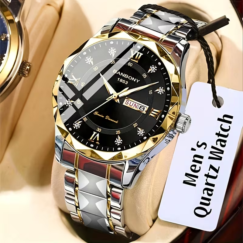1 New Stainless Steel Men'S Quartz Watch with Roman Numerals, Rhinestone Dial, Date Calendar, Trendy Minimalist Luxury Brand, Luminous Sports Casual Business Multi-Functional Watch - Ideal Birthday Gift and Holiday Present, Elegant Watch For Men