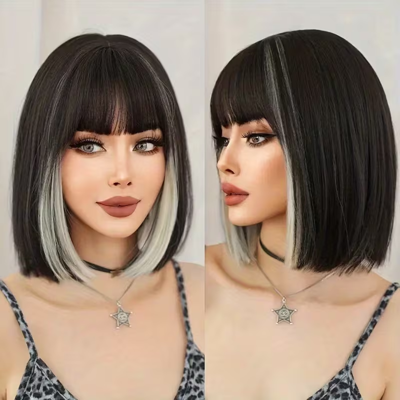 Dress up Popo Wig Short Straight White High Gloss Black Wig Suitable for Women's Daily Party Use with Bangs, Daily Wig Wearing, Women's Fashion