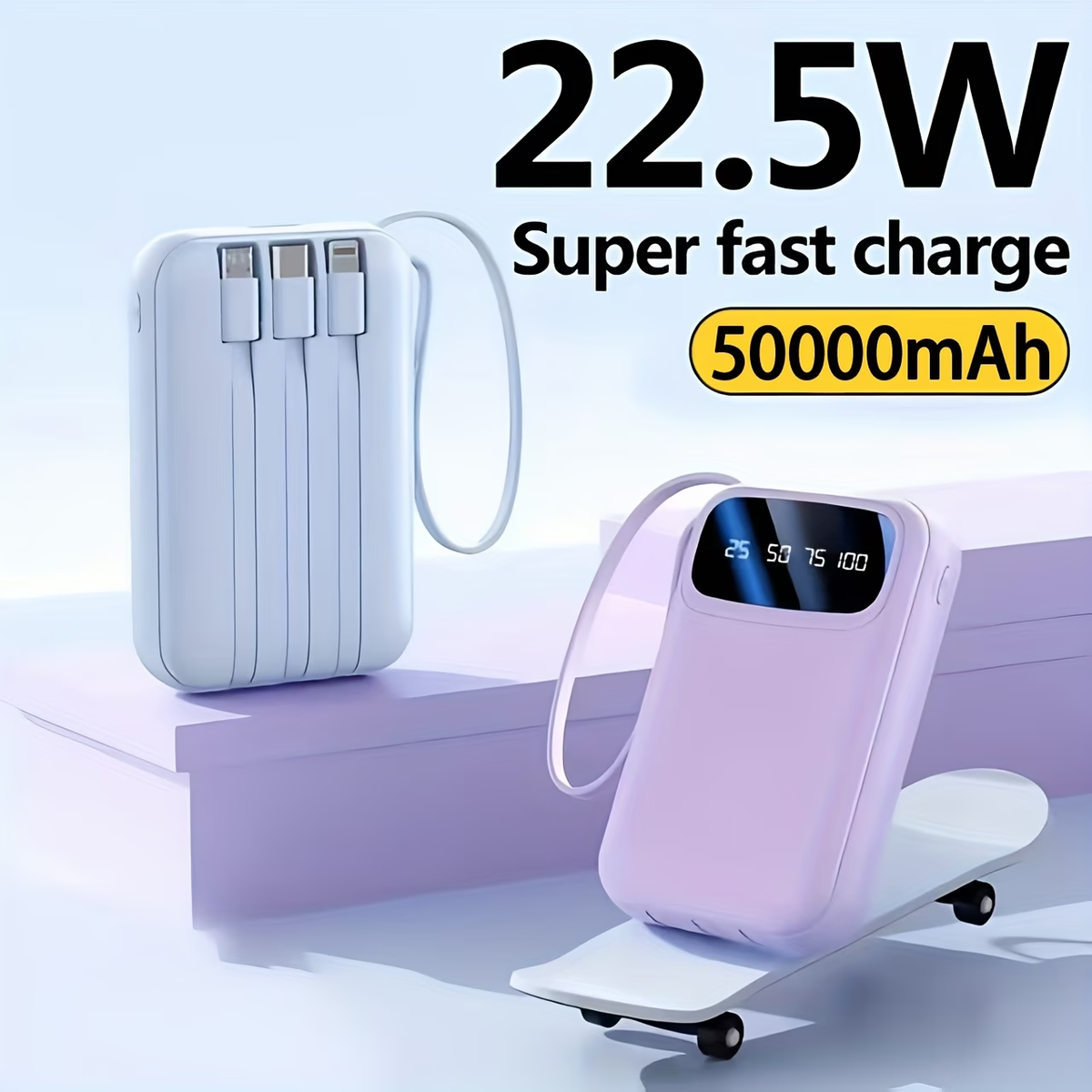 50000mAh Portable Power Bank, Comes With Four Data Cables/lanyard/LED Power Display, Suitable For Fast Charging Of Mobile Phones Such As IPhone/Android And Digital Electronic Products, Outdoor Portable Emergency Power Backup Battery Pack, Gift