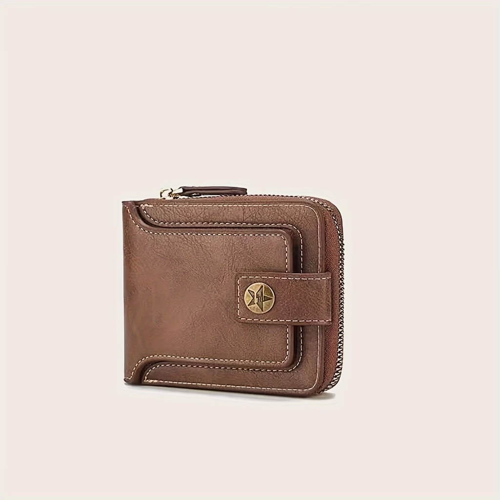 1pc, Fashionable Bark-pattern Brown PU Credit Card Holder with Zipper and Snap Closure, Small Zippered Coin Pouch, Zipper Button Closure, Business Style, Futuristic Zipper Wallet, ID Card Holder, Thanksgiving, Christmas, Warm Winter New Arrival