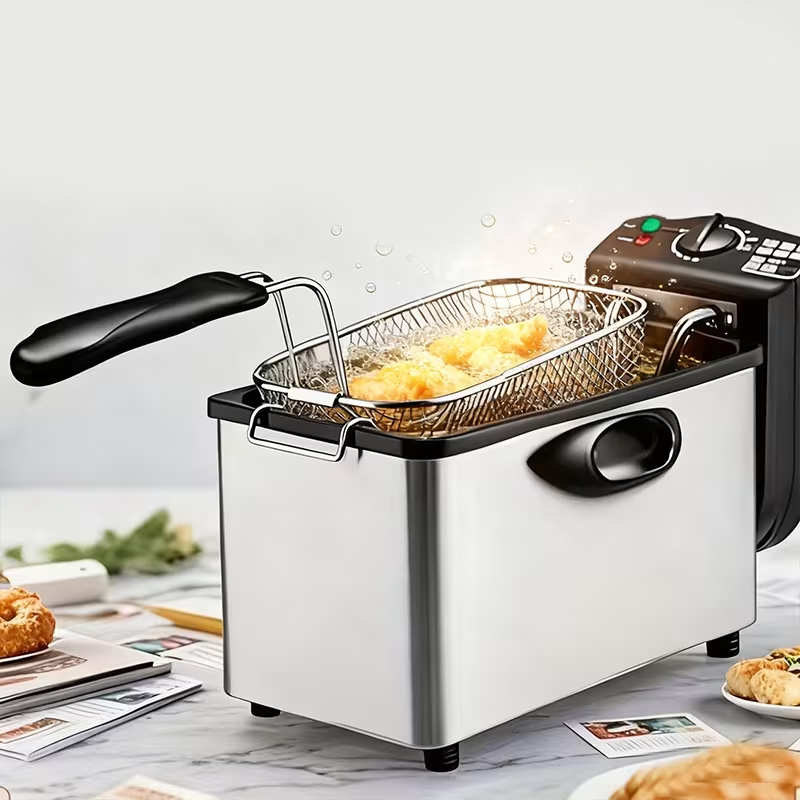 Electric Deep Fryer with a Stainless Steel Basket, Removable Lid, And Oil Container