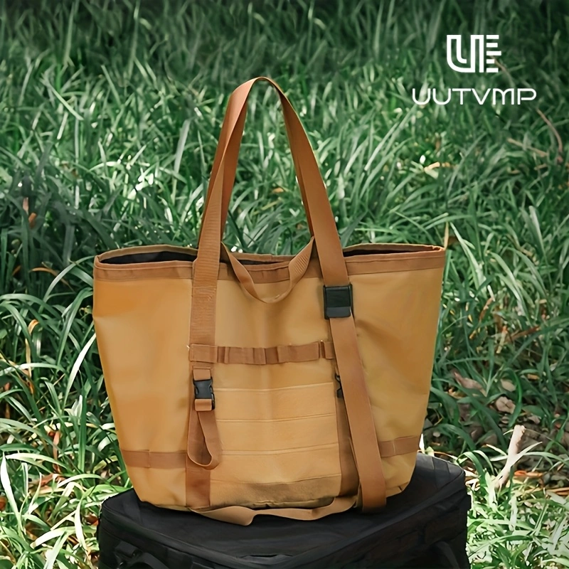 This outdoor khaki tote bag features multiple compartments and can be worn on the shoulder, by the hand, or crossbody for various occasions, including camping, hiking, outdoor commuting, and everyday outings.