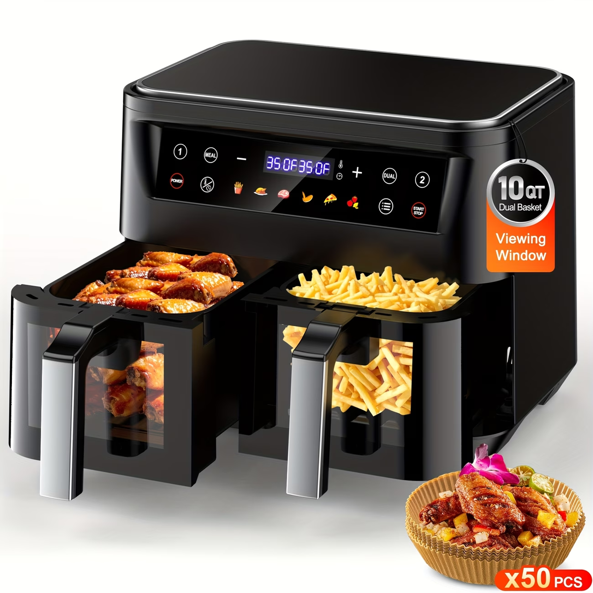 10Qt 10-in-1 Dual Air Fryer, Fresh Balanced Meals for Family And Children with Double Baskets, Sync Cook & Finish to Bake, Roast, Reheat, Broil for Easy Cooking, Dishwasher Safe - Includes Air Fryer Paper Liners 50pcs, Christmas Gift