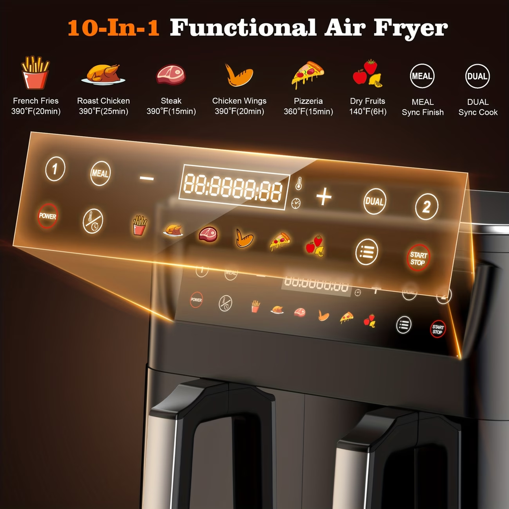 10Qt 10-in-1 Dual Air Fryer, Fresh Balanced Meals for Family And Children with Double Baskets, Sync Cook & Finish to Bake, Roast, Reheat, Broil for Easy Cooking, Dishwasher Safe - Includes Air Fryer Paper Liners 50pcs, Christmas Gift