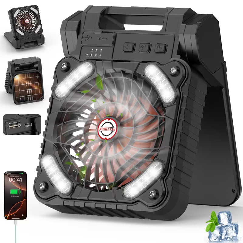 New Portable Solar Fan with LED Light, USB Rechargeable, Suitable for Camping, Foldable Outdoor Fan, And Desktop Fan