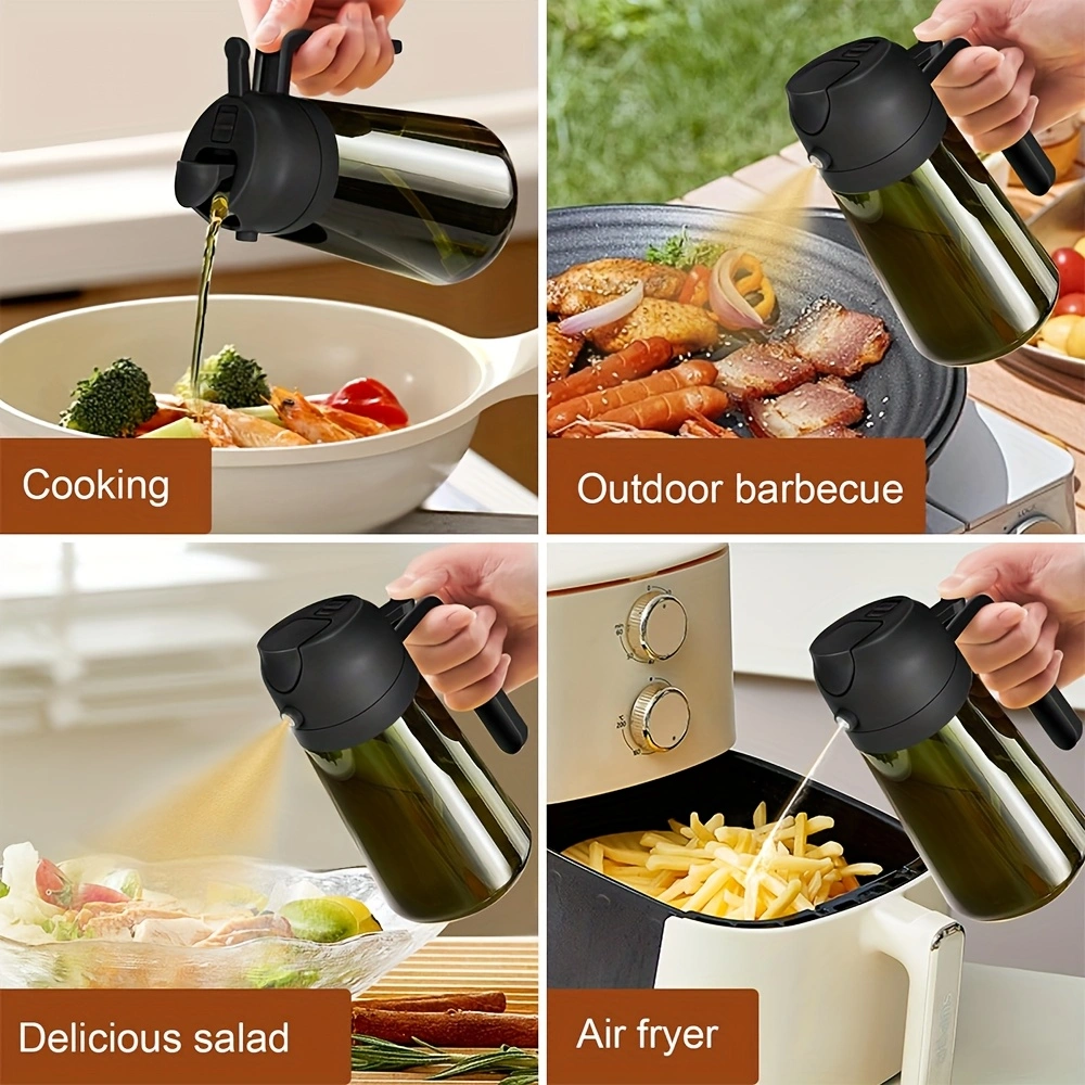 2-piece openable push-button oil spray bottle, 470ml glass spray and invert dual-use oil bottle, household olive oil spray bottle, automatic back-suction nozzle, double seal to prevent leakage when inverted.