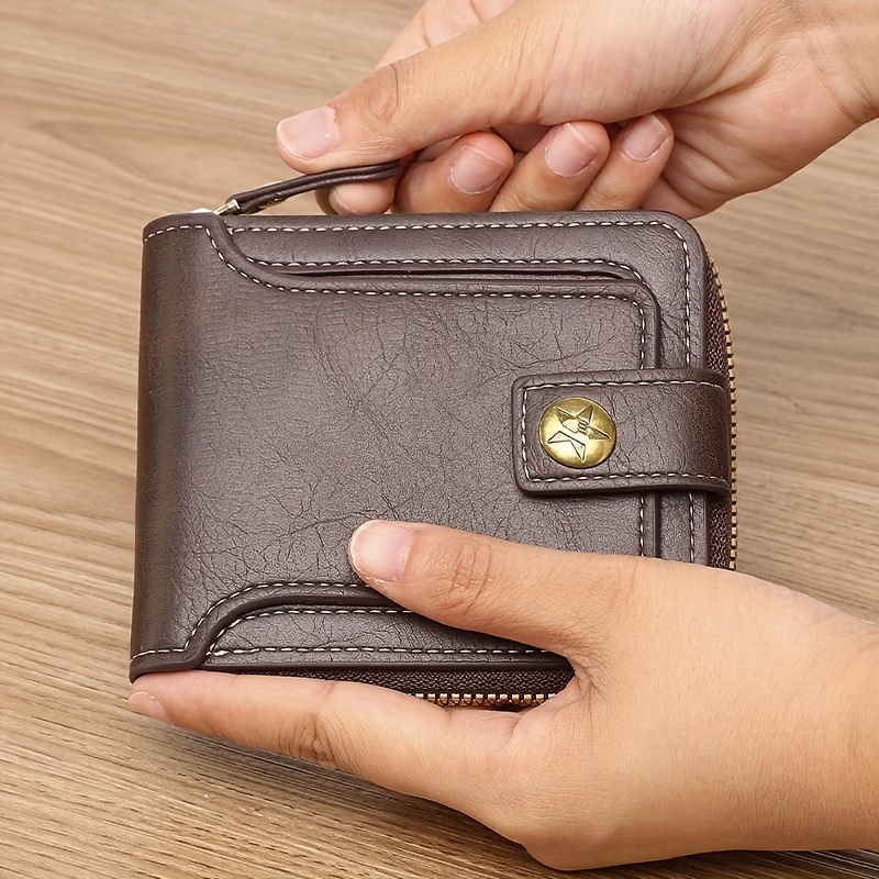 1pc, Fashionable Bark-pattern Brown PU Credit Card Holder with Zipper and Snap Closure, Small Zippered Coin Pouch, Zipper Button Closure, Business Style, Futuristic Zipper Wallet, ID Card Holder, Thanksgiving, Christmas, Warm Winter New Arrival