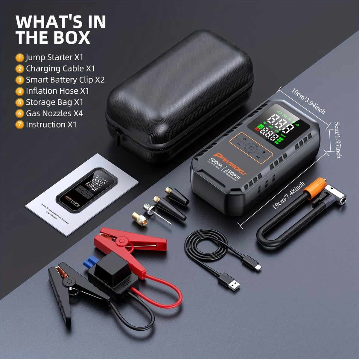 7-in-1 Portable Jump Starter with Air Compressor, 150 PSI Air Pump for Car Tires, 5000A Peak Jump Starter for Car (7.0LGas/1.59gal Diesel), LCD Display, LED Flashlight and Emergency Light, QC3.0 Fast Charging Portable Power Bank
