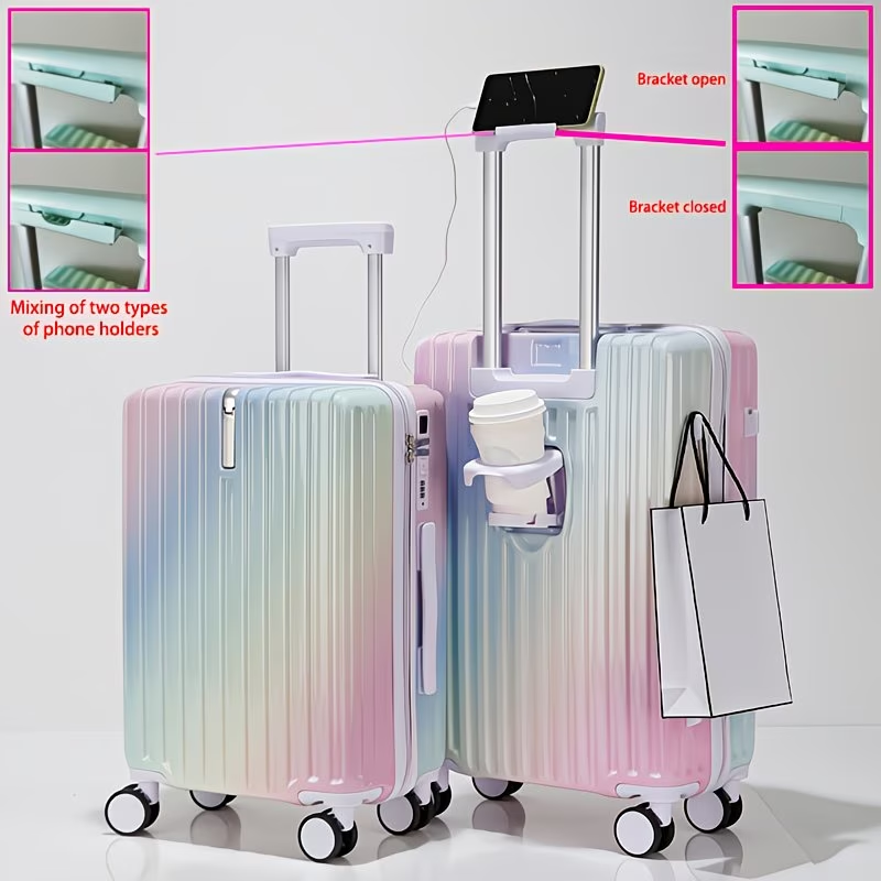 Christmas Gifts: Multi-functional Gradient Color Suitcase with High Quality Zipper, Cup Holder, USB Charging Port, Portable Hook, Telescopic Handle, Phone Holder. New 20-Inch Ultra-Light, Stylish, and Fresh-Looking Combination Lock Travel Suitcase