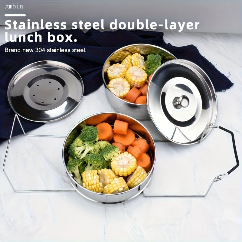 Double-layered 304 stainless steel lunch box, airtight, leak-proof, drop-resistant, durable, portable, and easy to clean. Suitable for office workers and students; microwave safe.